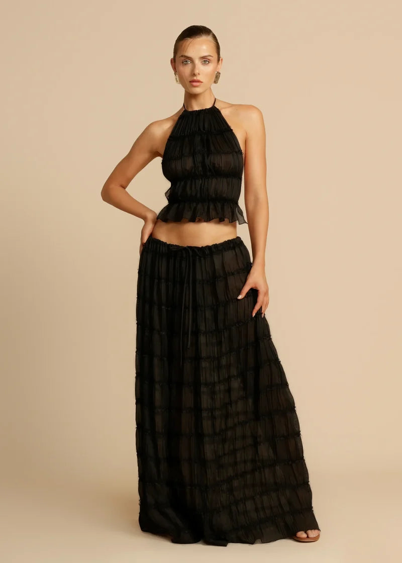 Rust Textured Halter Crop Top & Maxi Skirt Set