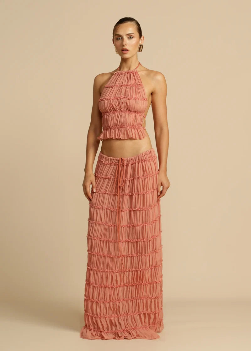 Rust Textured Halter Crop Top & Maxi Skirt Set