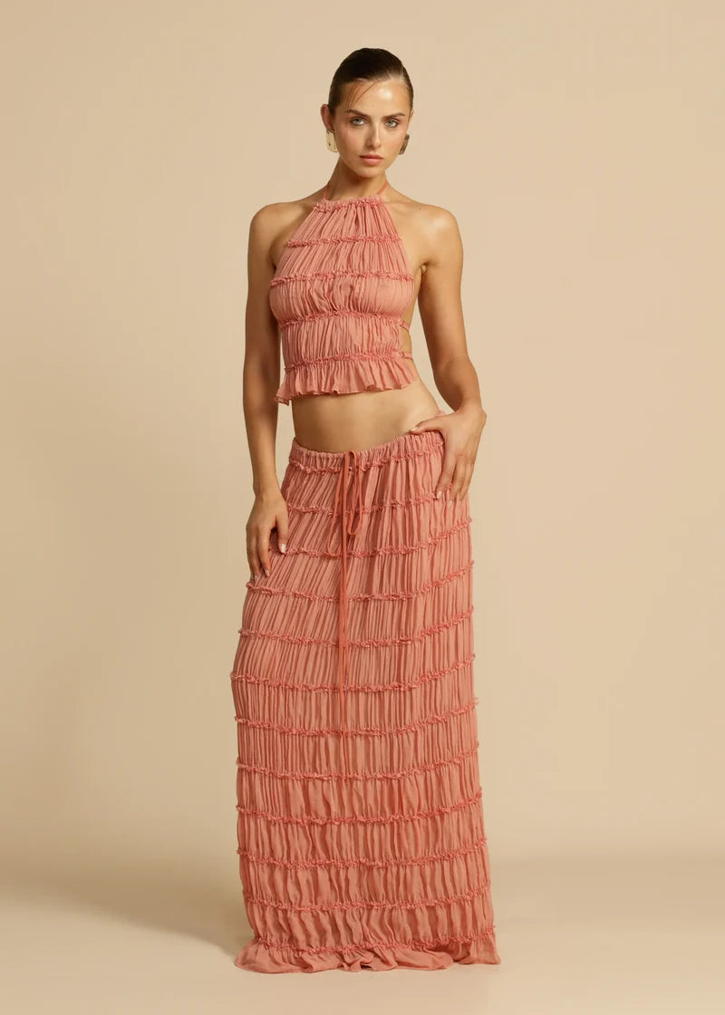 Rust Textured Halter Crop Top & Maxi Skirt Set