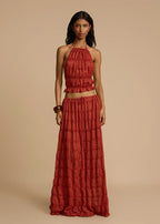 Rust Textured Halter Crop Top & Maxi Skirt Set