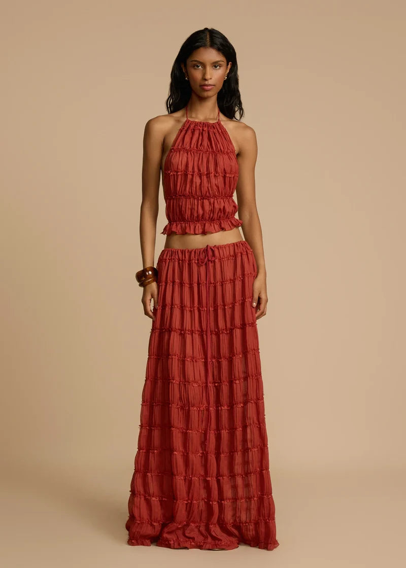 Rust Textured Halter Crop Top & Maxi Skirt Set
