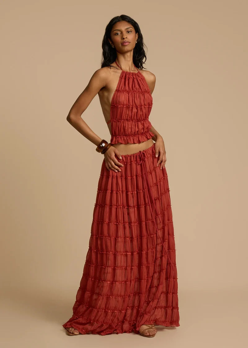 Rust Textured Halter Crop Top & Maxi Skirt Set