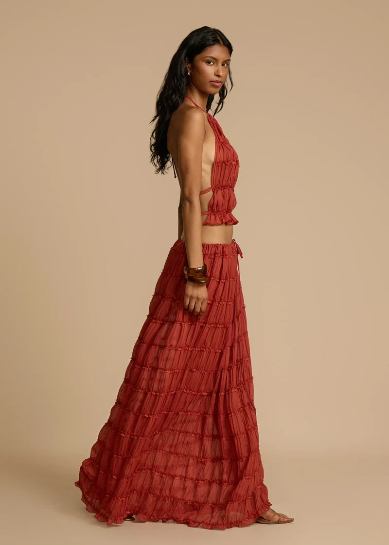 Rust Textured Halter Crop Top & Maxi Skirt Set