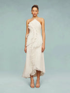 Pleated Ruffle Halter Maxi Dress
