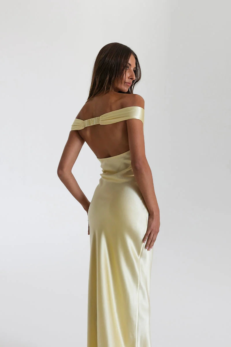 Satin Off-Shoulder Maxi Dress