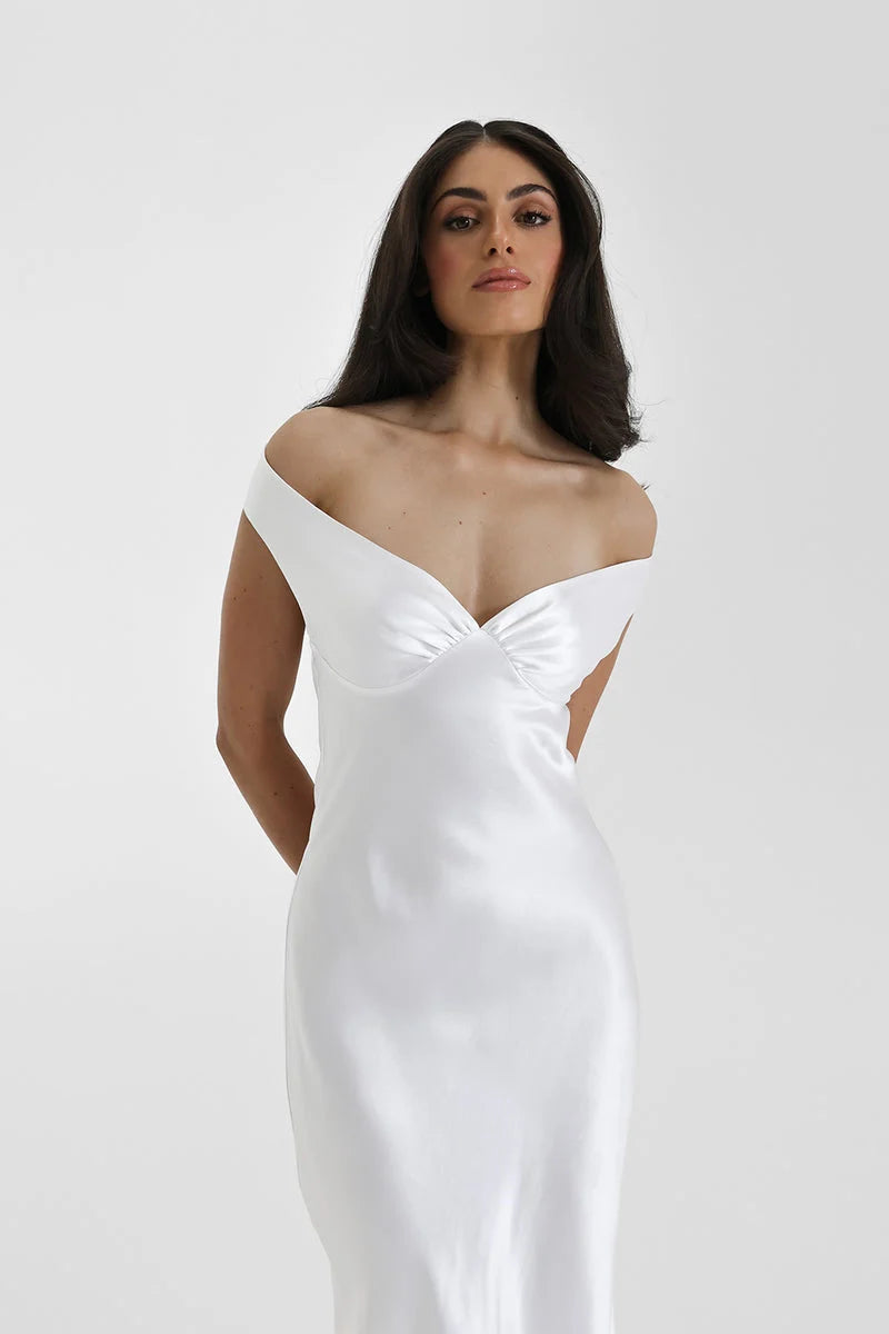 Satin Off-Shoulder Maxi Dress