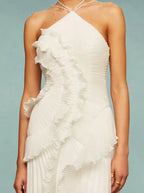 Pleated Ruffle Halter Maxi Dress