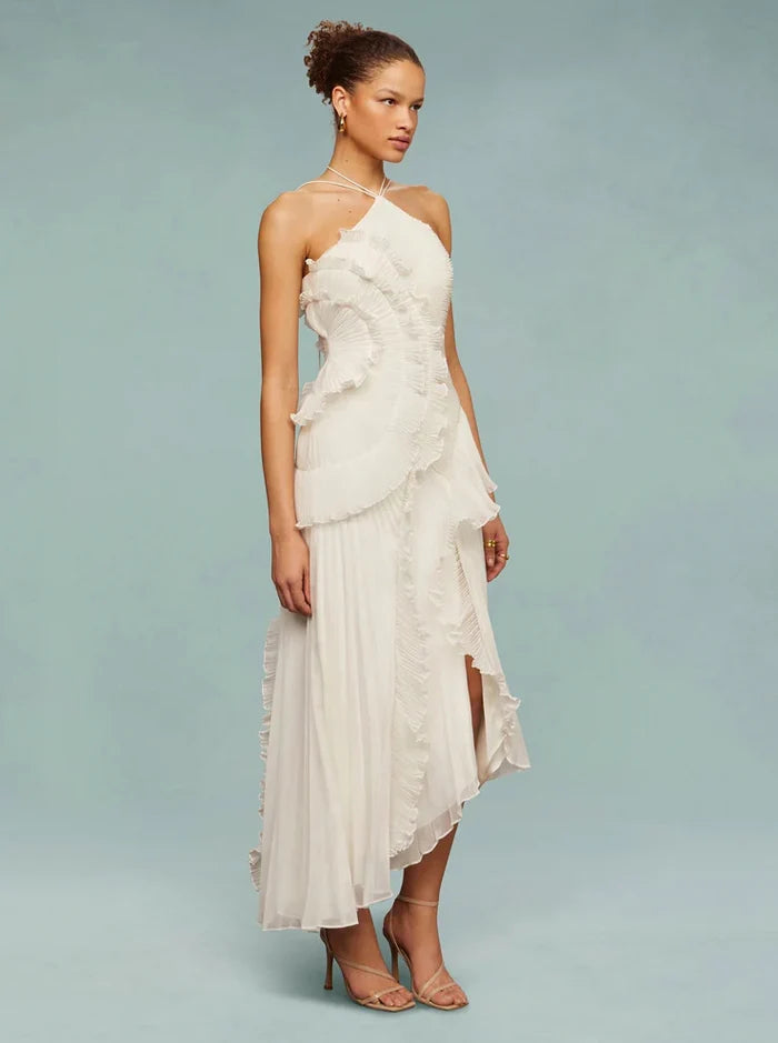 Pleated Ruffle Halter Maxi Dress