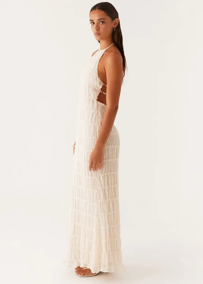 Ivory Textured Halter Cutout Maxi Dress