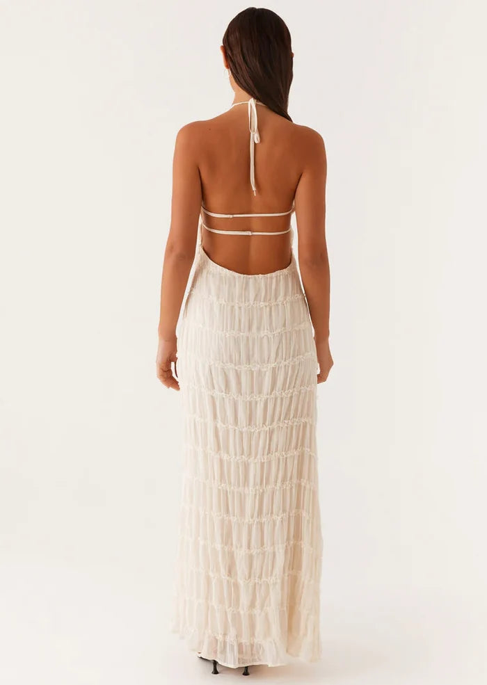 Ivory Textured Halter Cutout Maxi Dress