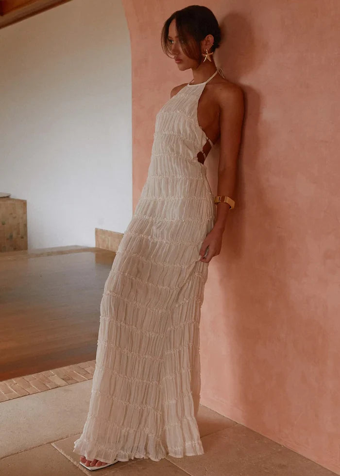 Ivory Textured Halter Cutout Maxi Dress