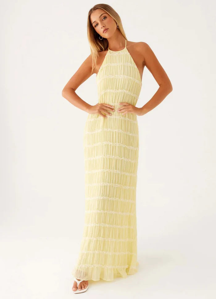 Ivory Textured Halter Cutout Maxi Dress
