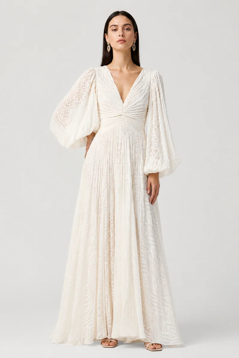 Ivory Balloon Sleeve V-Neck Maxi Dress
