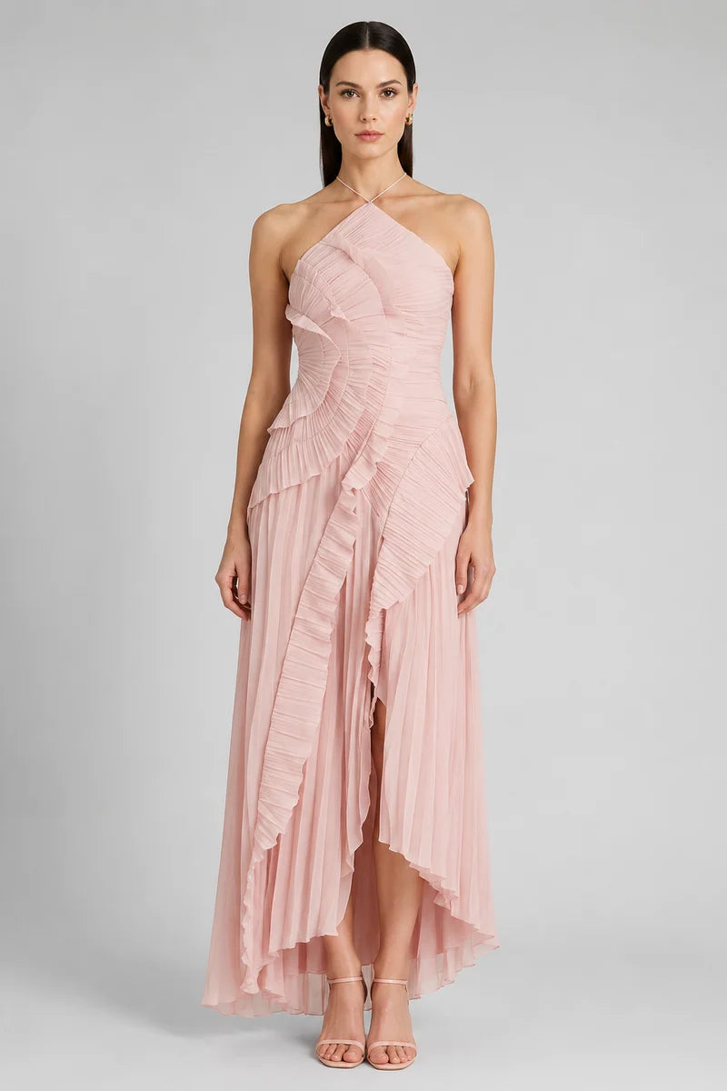 Pleated Ruffle Halter Maxi Dress
