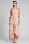 Pleated Ruffle Halter Maxi Dress