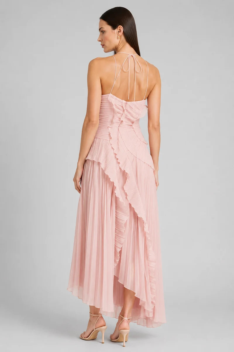 Pleated Ruffle Halter Maxi Dress