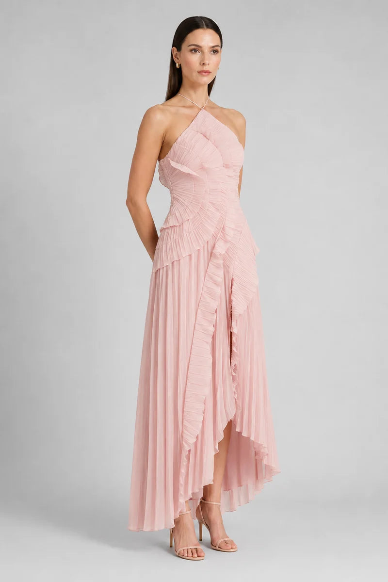 Pleated Ruffle Halter Maxi Dress