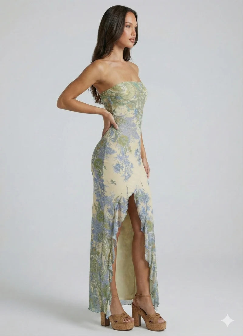 Floral Print Strapless Maxi Dress