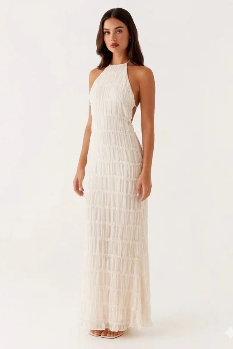 Ivory Textured Halter Cutout Maxi Dress