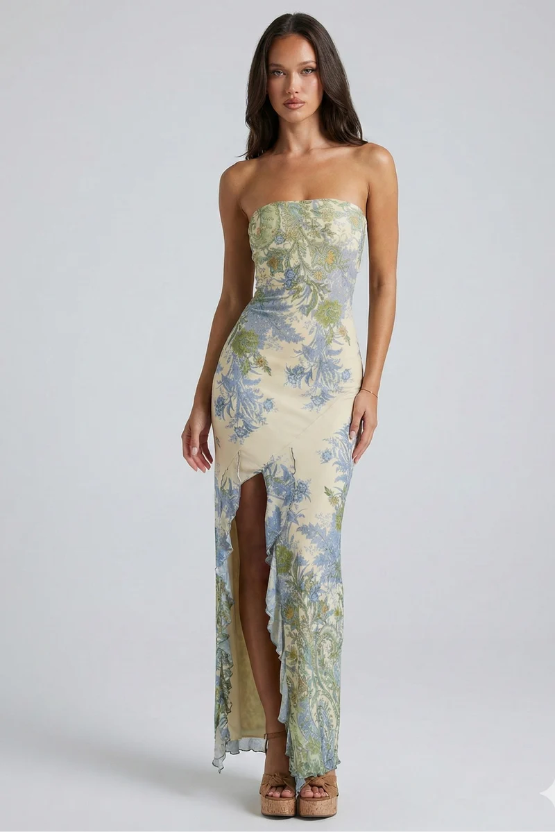 Floral Print Strapless Maxi Dress