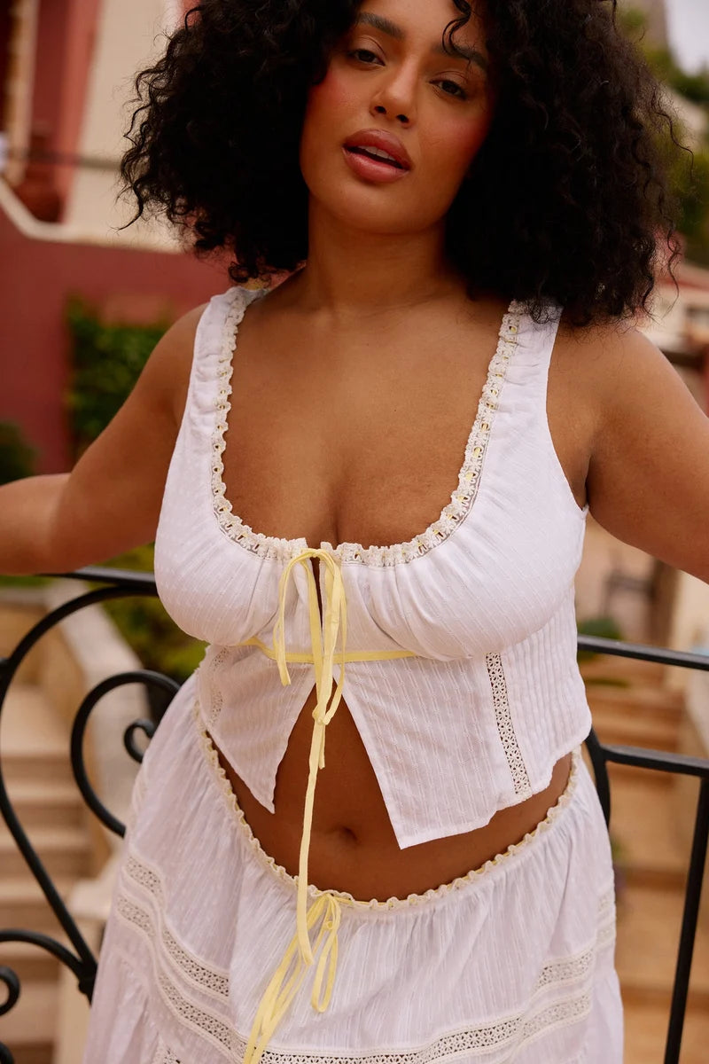 White Crochet Trim Crop Top & Tiered Maxi Skirt Set