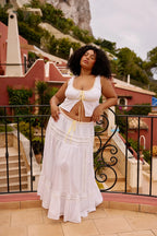 White Crochet Trim Crop Top & Tiered Maxi Skirt Set