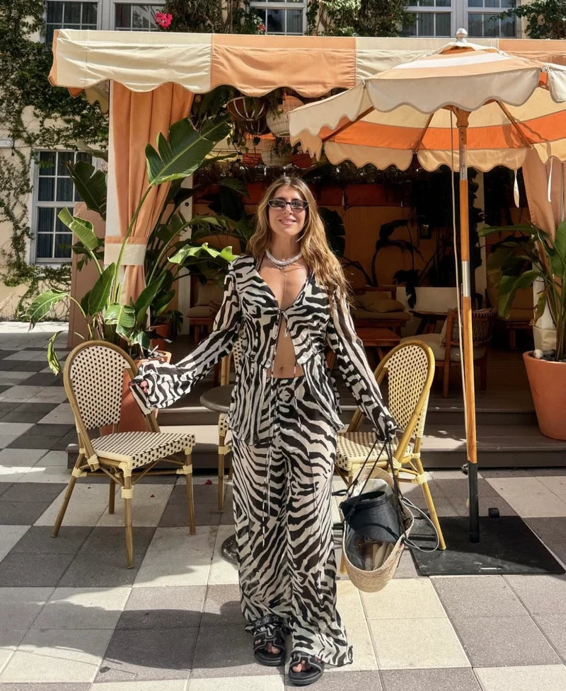 Zebra Print Tie-Front Blouse & Wide-Leg Pants Set