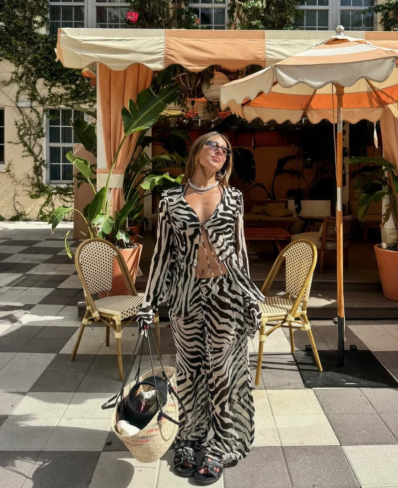 Zebra Print Tie-Front Blouse & Wide-Leg Pants Set