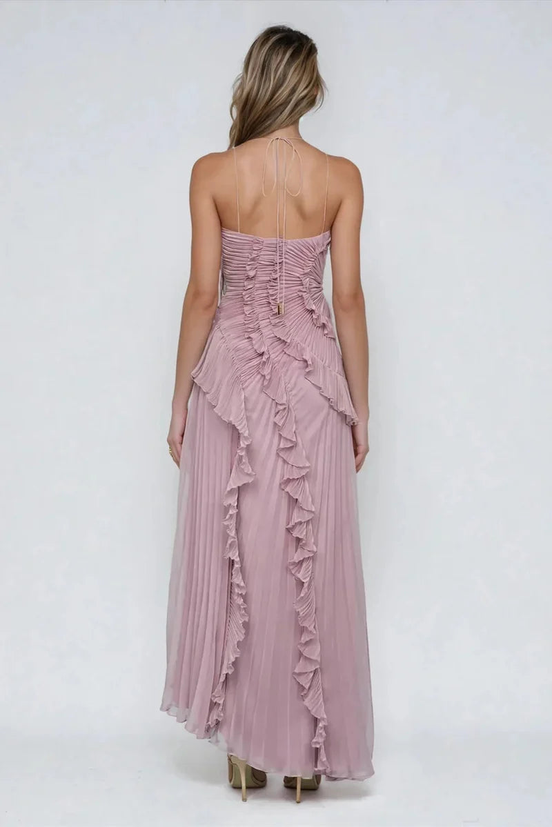 Pleated Ruffle Halter Maxi Dress