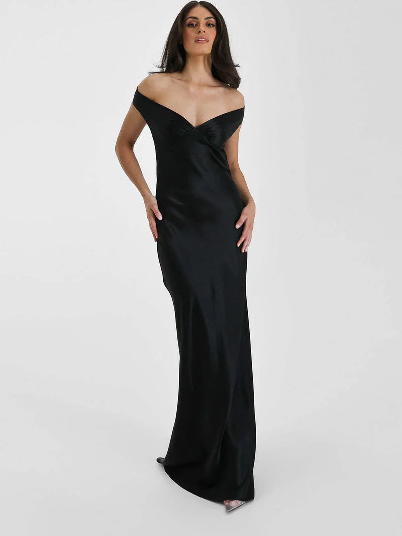 Satin Off-Shoulder Maxi Dress