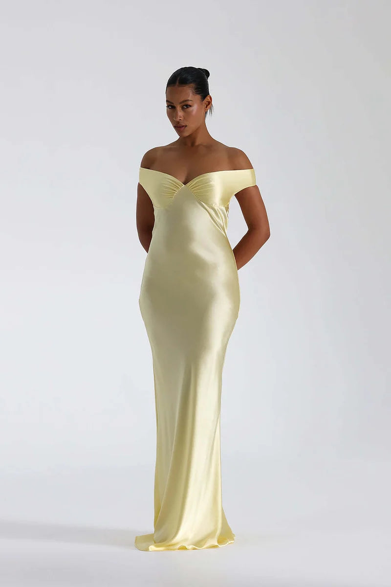 Satin Off-Shoulder Maxi Dress