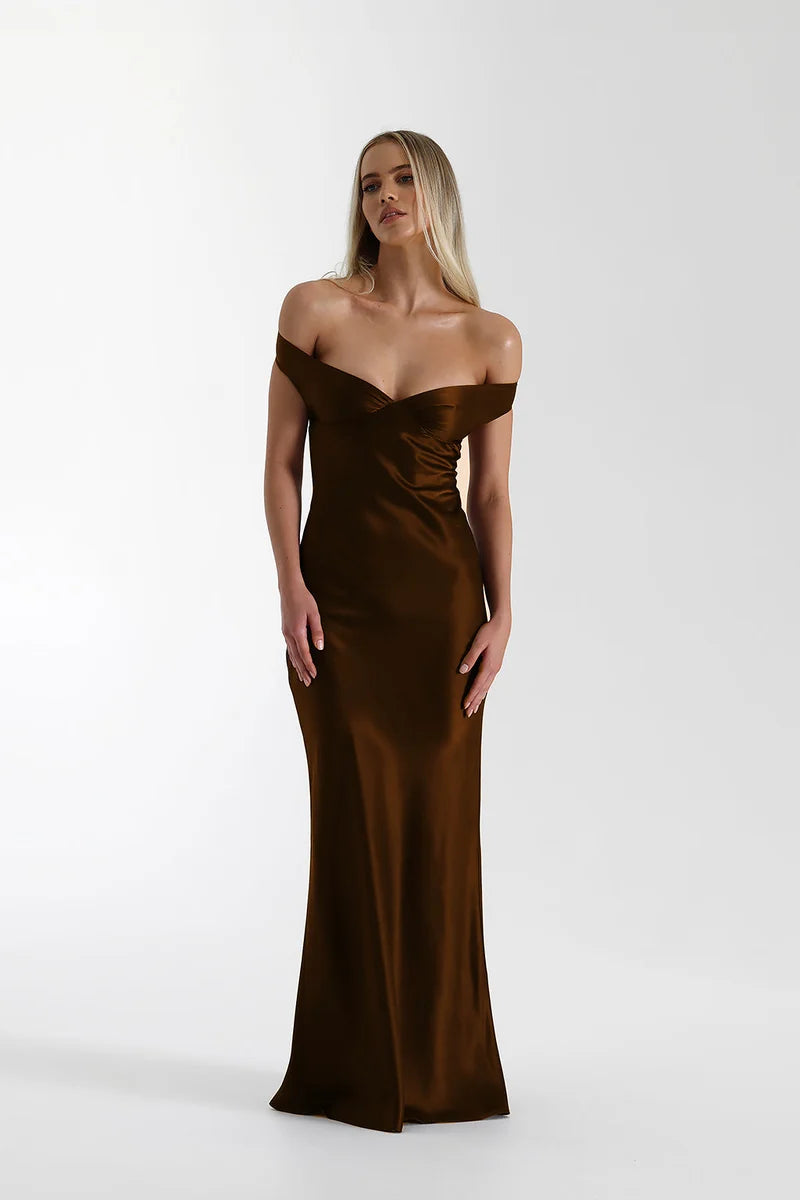 Satin Off-Shoulder Maxi Dress
