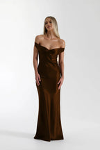 Satin Off-Shoulder Maxi Dress