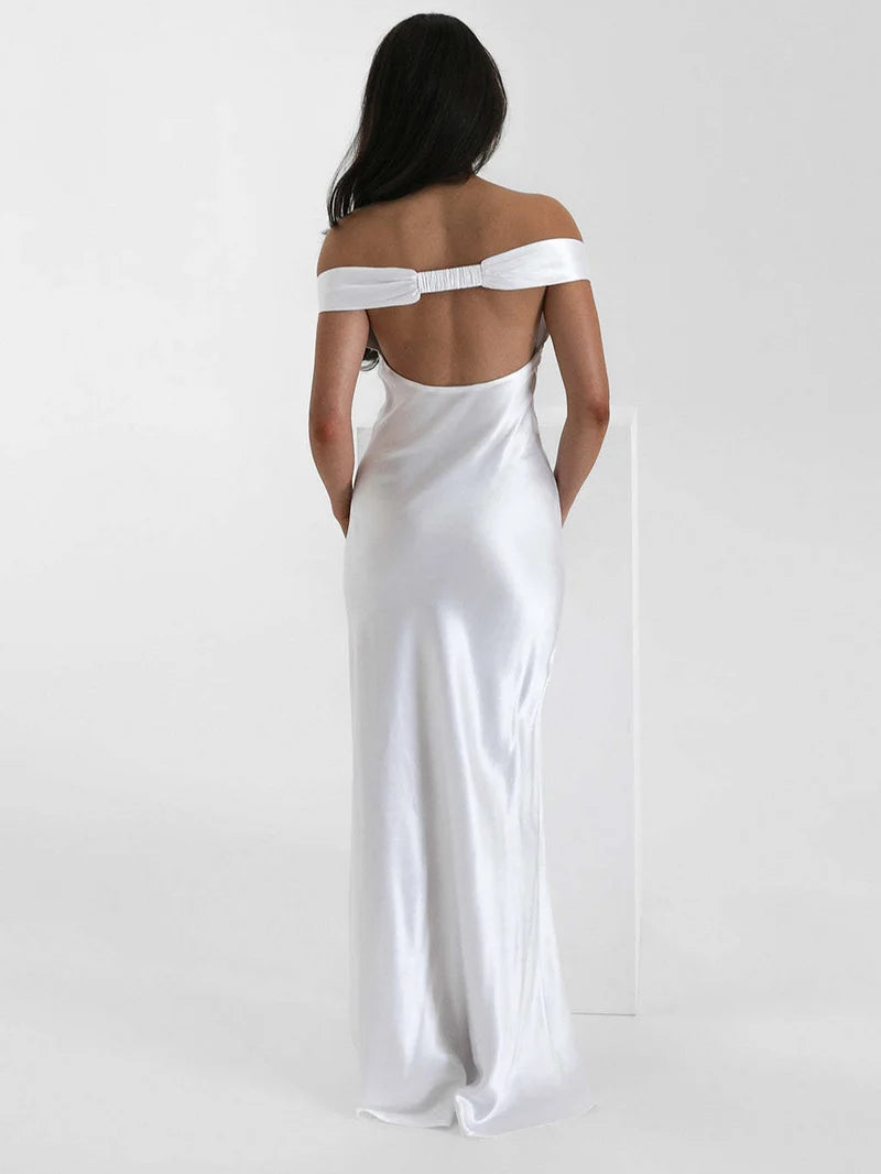Satin Off-Shoulder Maxi Dress