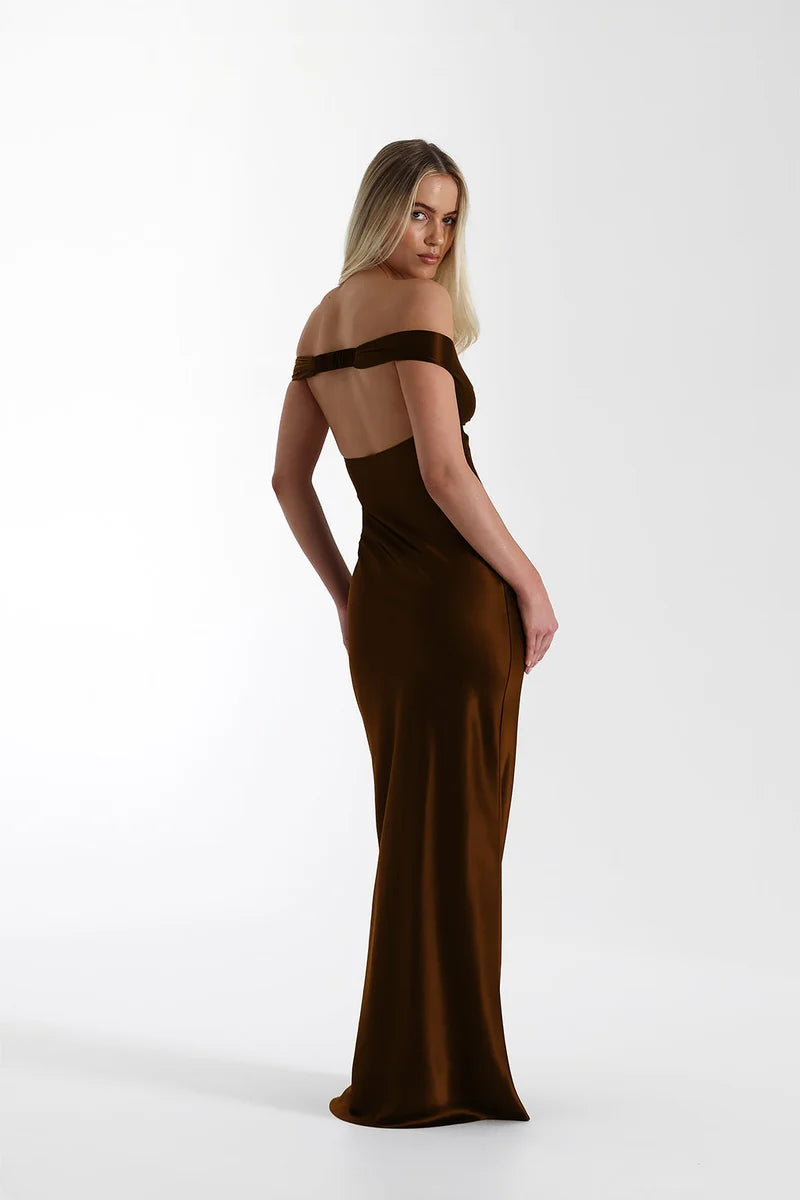 Satin Off-Shoulder Maxi Dress
