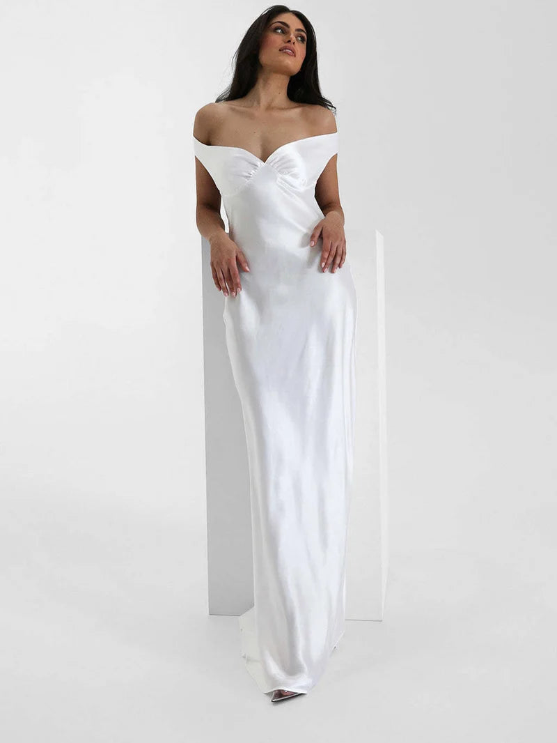 Satin Off-Shoulder Maxi Dress