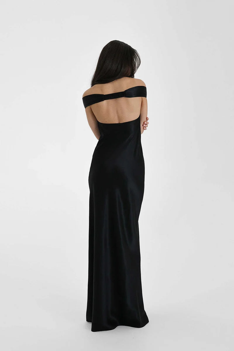 Satin Off-Shoulder Maxi Dress
