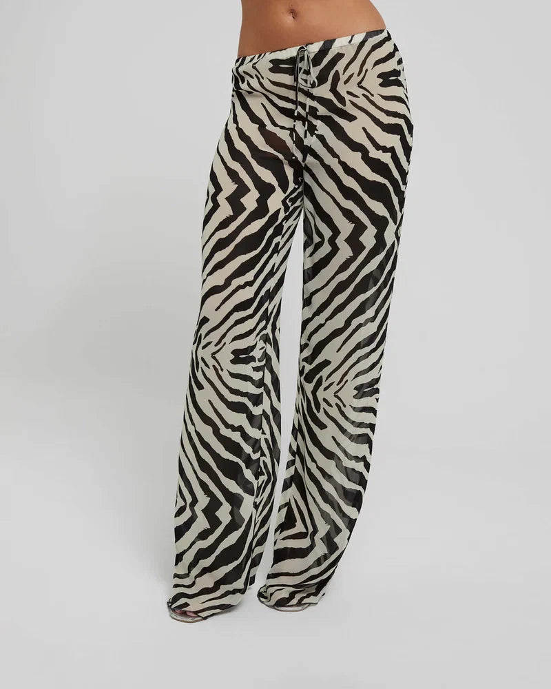 Zebra Print Tie-Front Blouse & Wide-Leg Pants Set