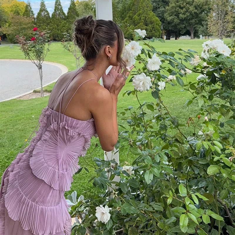 Pleated Ruffle Halter Maxi Dress
