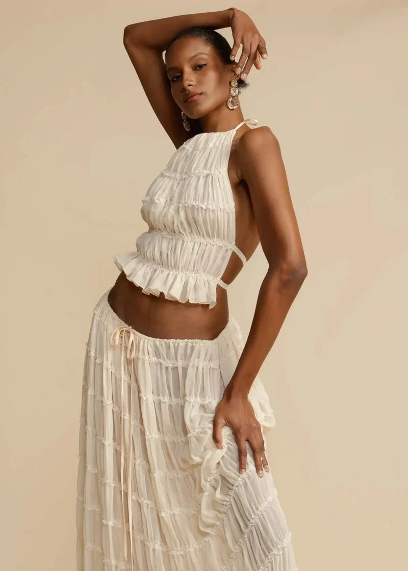 Rust Textured Halter Crop Top & Maxi Skirt Set