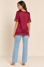 Satin Lace-Trim Blouse