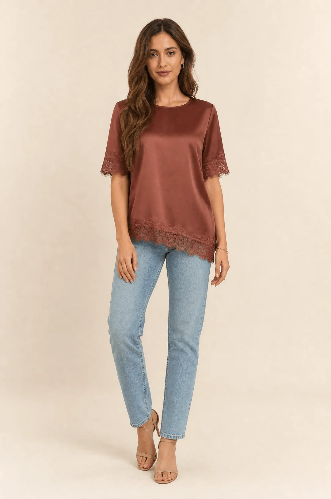 Satin Lace-Trim Blouse