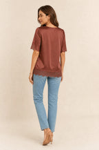 Satin Lace-Trim Blouse