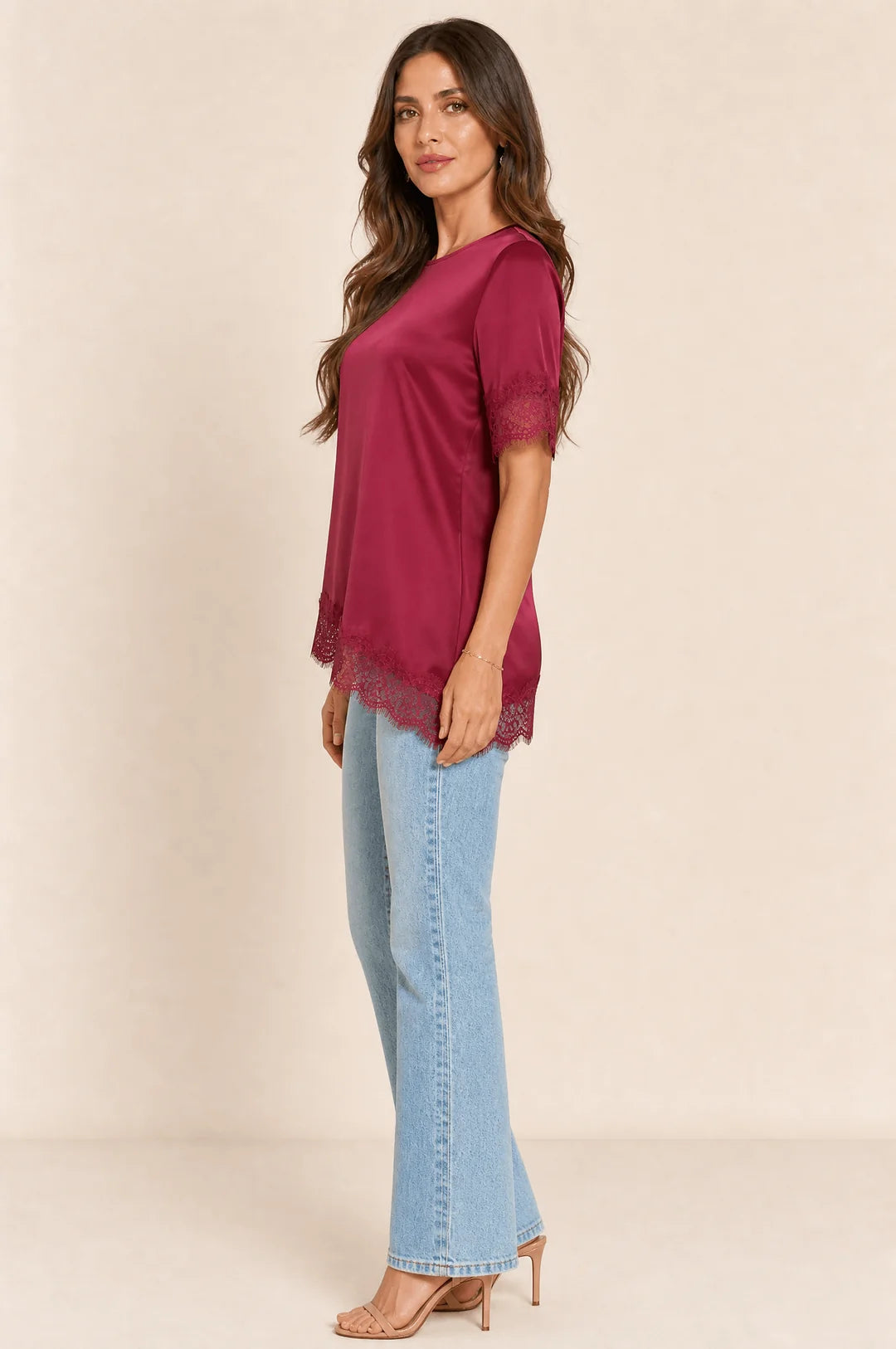 Satin Lace-Trim Blouse