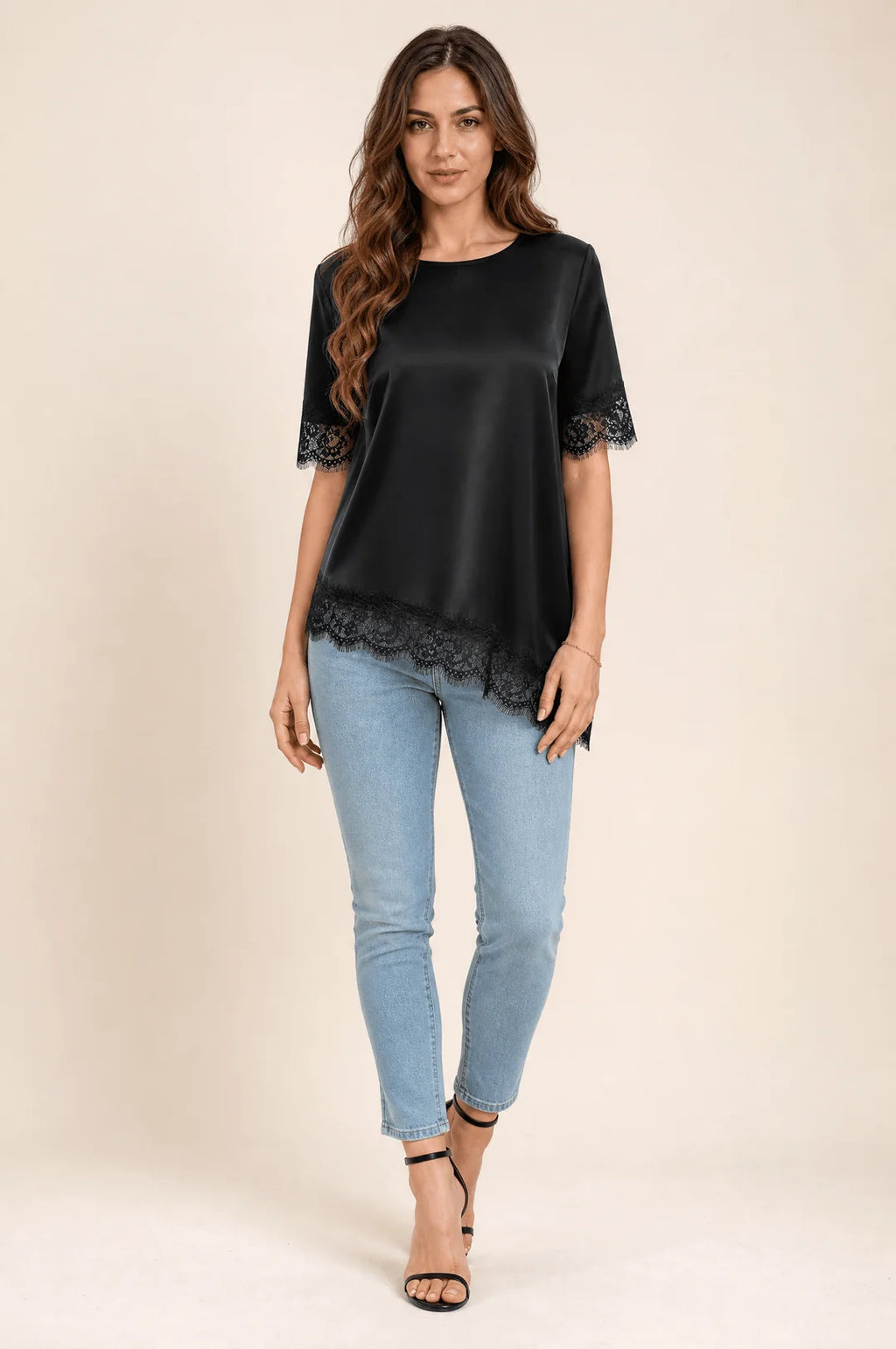 Satin Lace-Trim Blouse