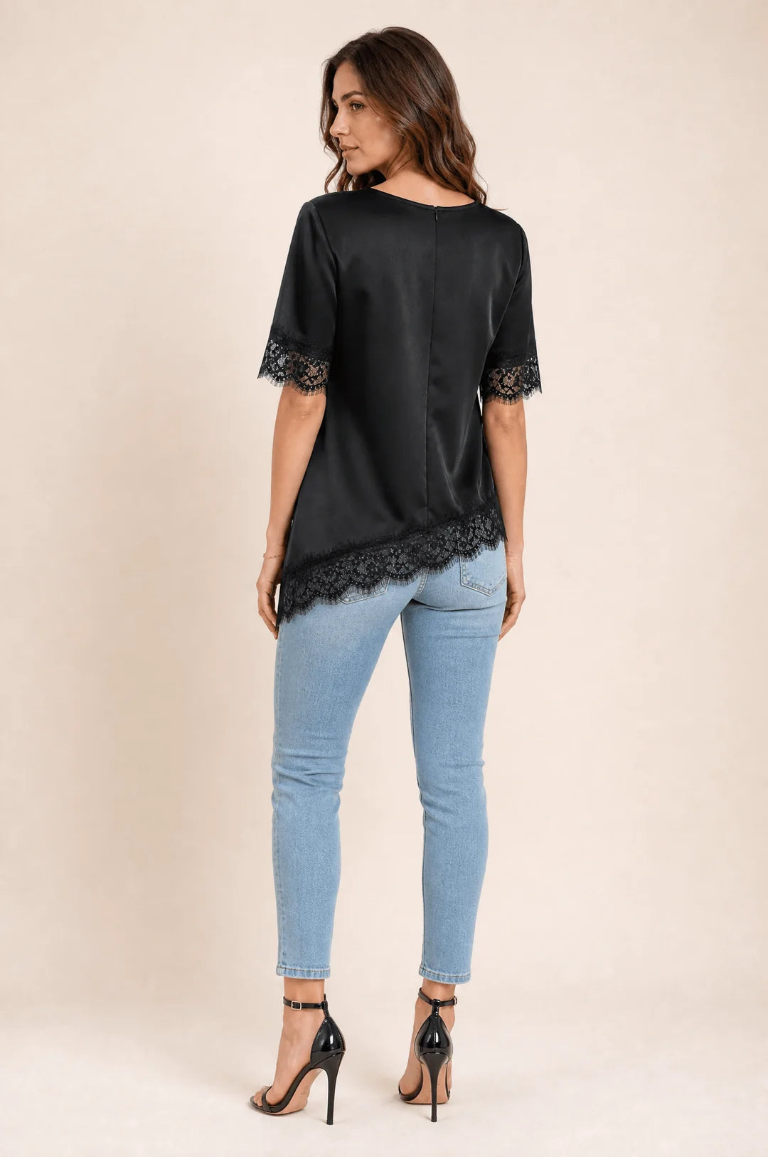 Satin Lace-Trim Blouse