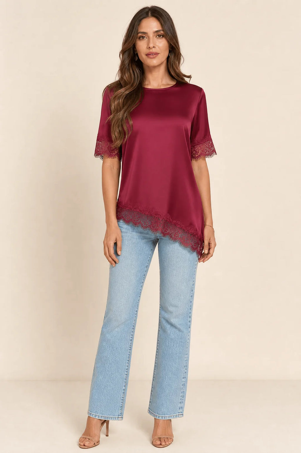 Satin Lace-Trim Blouse