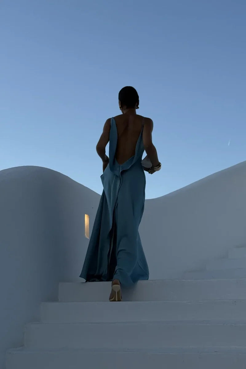 Cascade Open-Back Evening Gown