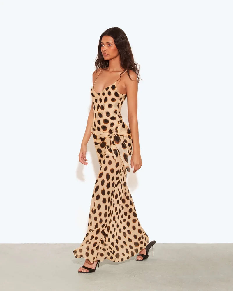 Cheetah Print Silk Tie-Front Slip Dress