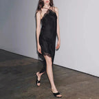 Black Satin Lace-Trim Slip Dress